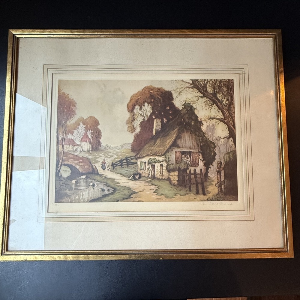 After Louis Houmont Hand Colored Etching Print French Country Cottage Framed Art